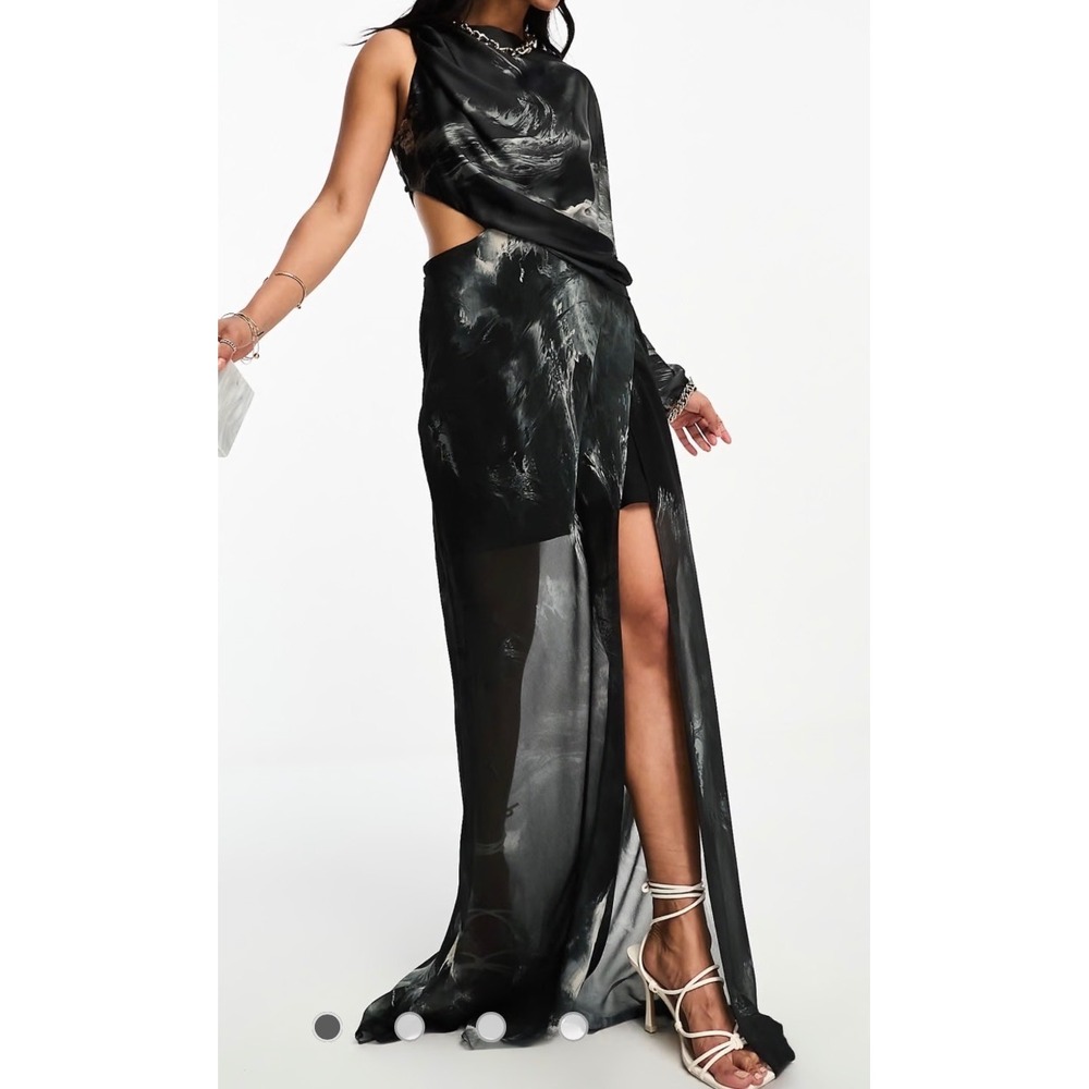 ASOS‎ DESIGN Maxi Dress Womens 12 Black White Blurred Print One Shoulder Draped